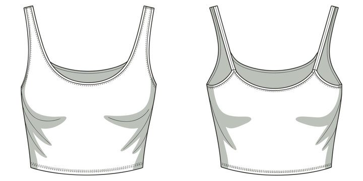Cropped tank top technical fashion sketch, camisole front and back view, apparel design vector, clothing construction drawing, stylish garment illustration, flat vector illustration