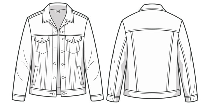 Denim jacket technical fashion sketch, front and back view, apparel design vector, clothing construction drawing, stylish garment illustration, flat vector illustration