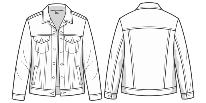 Denim jacket technical fashion sketch, front and back view, apparel design vector, clothing construction drawing, stylish garment illustration, flat vector illustration