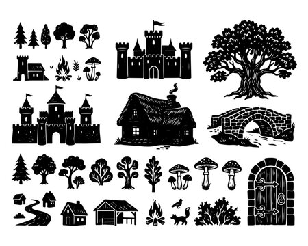 Fantasy Medieval Village Elements Black Silhouette Vector Set