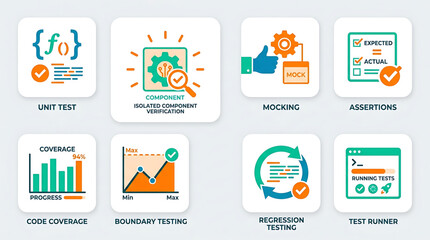 Fototapeta premium The illustration depicts various software testing icons on a light gray background including unit testing, code coverage, and test runner.