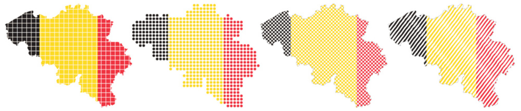 Belgium map collection with flag filled grid dotted halftone hexagon and diagonal stripe patterns vector illustration