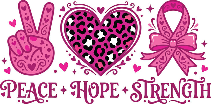 Breast cancer awareness halloween design pink ribbon peace sign and leopard heart for october campaigns