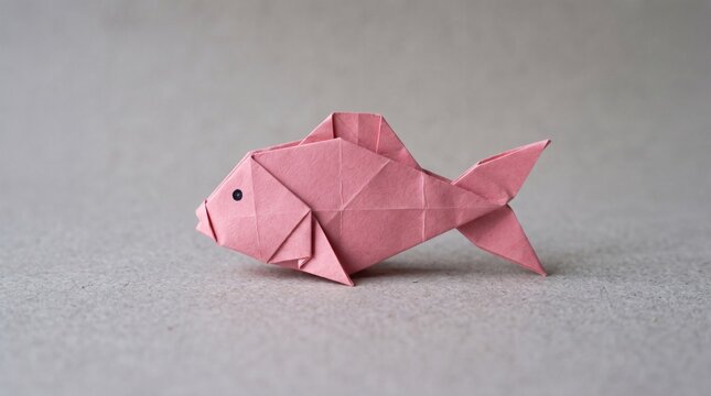 Pink origami fish on a gray background, a simple and elegant craft.