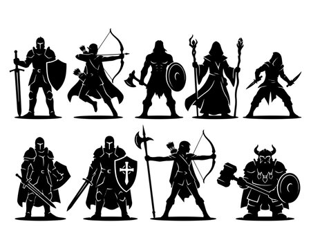 Fantasy RPG Character Silhouettes Set - Vector Illustration