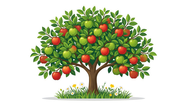 Vibrant vector illustration of a fruitful apple tree growing in green grass with flowers. Perfect for agricultural branding, organic farming, and orchard promotions.