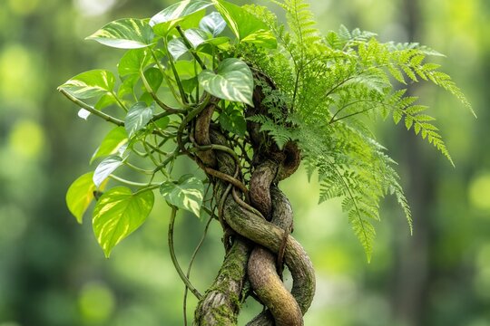 Two symbiotic plants intertwined and a mutual support system, green foliage in natural daylight.