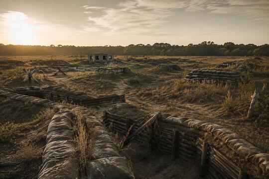 Deserted military training ground with sandbag fortifications and overgrown grass under golden hour light.