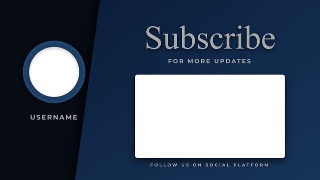 Dark blue social media video outro end screen template with subscribe text and profile placeholder