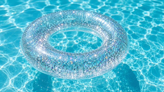 Sparkling transparent inflatable pool ring filled with glitter floating on clear blue water