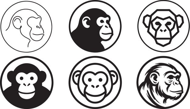 Set of six different monkey face icons in simple black and white vector style Vector