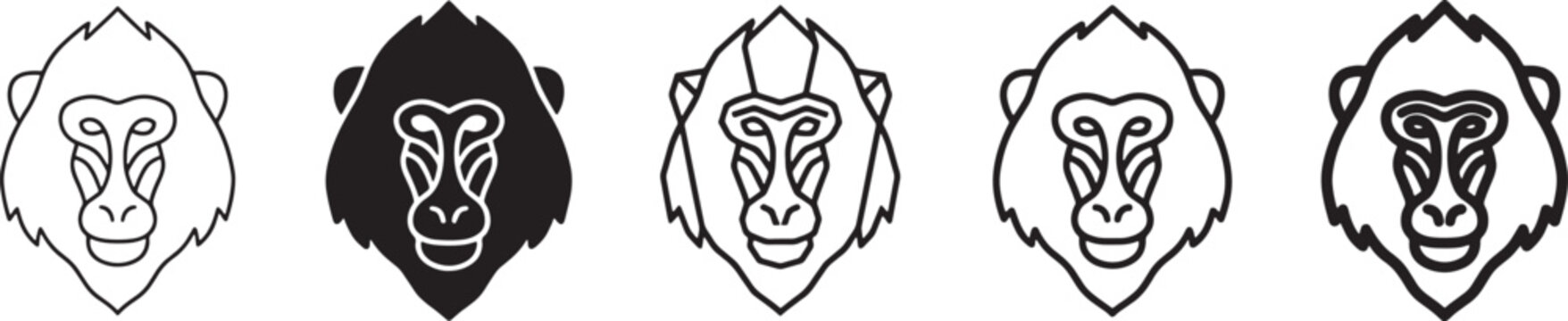 Five stylized monkey head icons in different outline styles for graphic design projects Vector