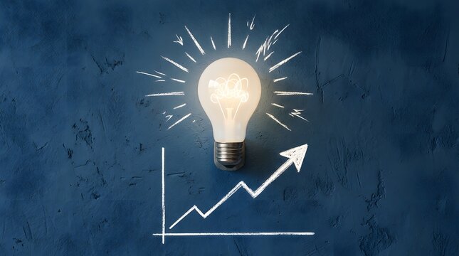 Light bulb glowing above chalk drawn growth graph on blue wall