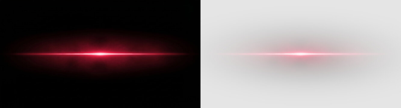 red horizontal lens flare light effect with glow and smoke on black background