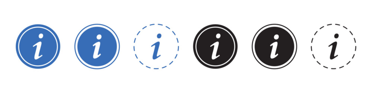 Information icon set. Blue and black info icons combining sleek outline and bold solid styles in one collection . Modern Info Button, Help and Support Vector Set.