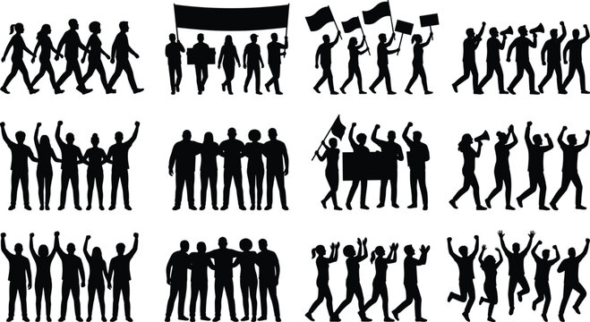 Protest Crowd Silhouette Collection with Demonstration March Rally and Celebration Group Poses