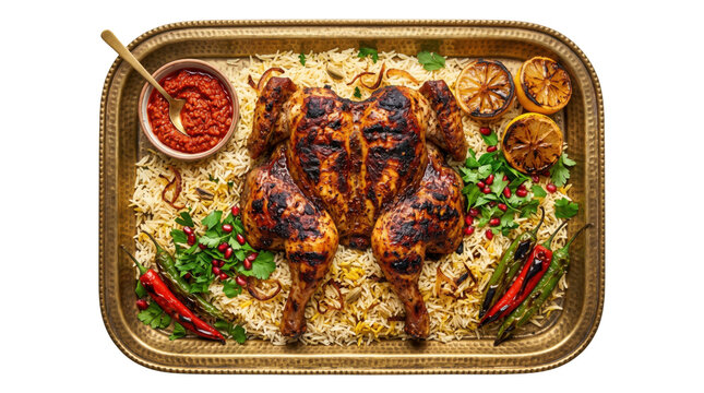 Roasted whole chicken on rice platter, traditional Middle Eastern mandi or kabsa with spicy red sauce, grilled poultry feast with lemon and chili