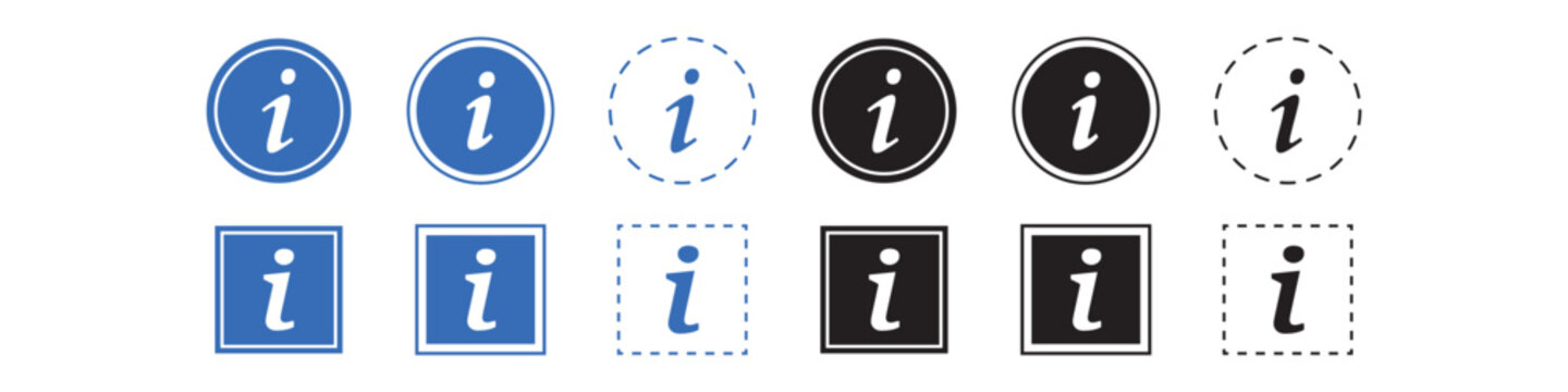Info icon collection in minimal outline and solid icon styles. Help and guidance symbol, simple black, blue information button icon isolated on white background. Ideal for websites, dashboards.