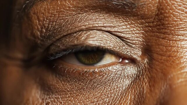 Close-up of a Beautiful Human Eye with Brown and Green Hues, Detailed Texture, Looking Straight Ahead and Blinking