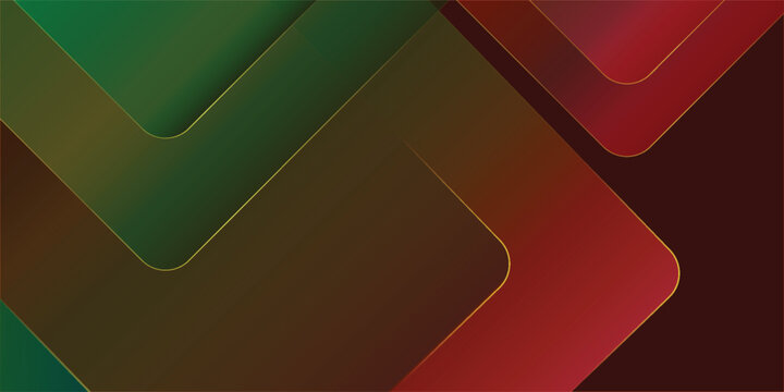 Dark green abstract background with gold lines and shadow. Geometric shape overlap layers. Transparent squares. Modern luxury rounded squares graphic pattern banner template design
