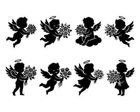 Cupid Angel Silhouette Set with Rose Bouquets Vector Illustration