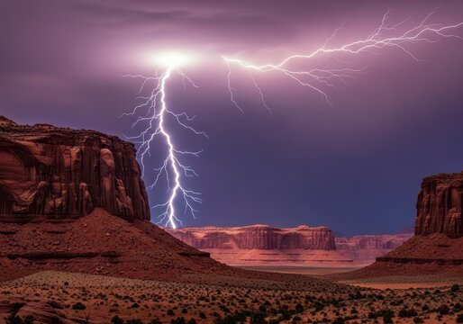 Dramatic lightning strike illuminates the vast, towering sandstone canyon walls during a severe, heavy desert thunderstorm, geology, remote, rugged