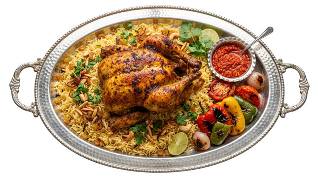 Roasted whole chicken mandy with basmati rice on silver platter, traditional arabic kabsa with grilled vegetables, middle eastern chicken machboos