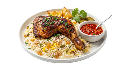 Fototapeta premium Roasted chicken leg with basmati rice and spicy harissa sauce, grilled chicken quarter on pilaf with raisins, middle eastern cuisine on white background