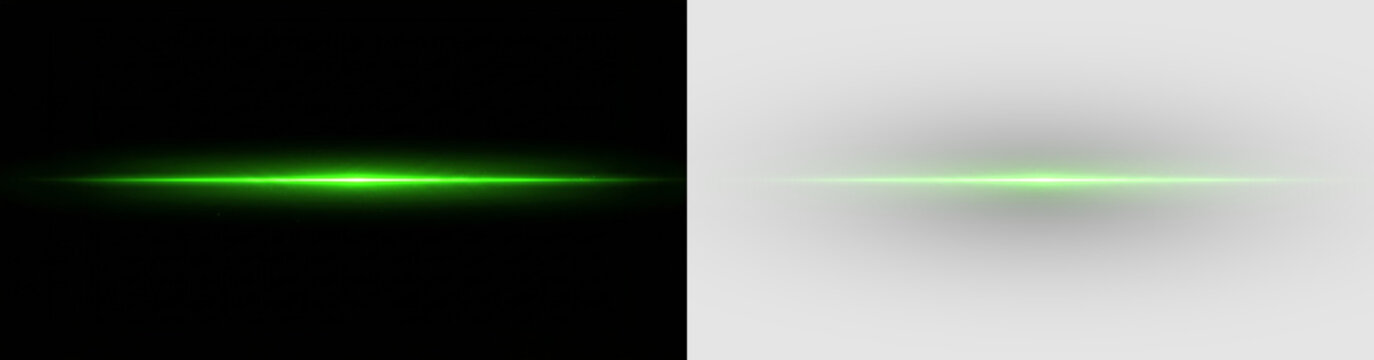 green light flare effect with particles in horizontal line on black background