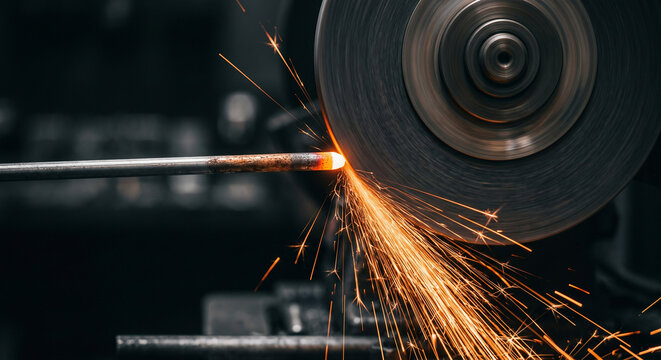 Grinding Metal Rod with Abrasive Wheel and Orange Sparks Close Up
