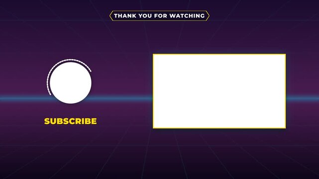 Retro synthwave style social media video end screen outro template with subscribe button and placeholder boxes on purple background