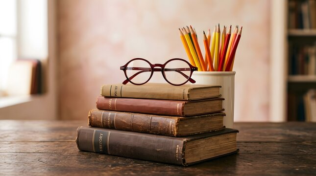 Vintage books with glasses and colored pencils on a wooden desk in a cozy study