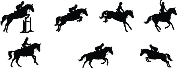 Fototapeta premium Equestrian Horse Jumping Silhouette Collection with Riders and Show Jumping Action Poses
