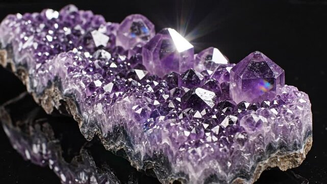 Mesmerizing close-up of a glittering amethyst crystal formation against a black background