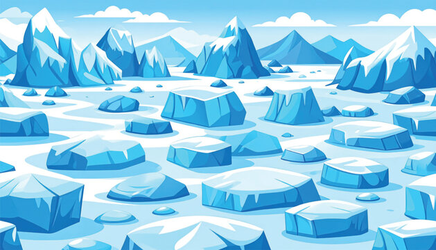 Icebergs floating on frozen sea surface.