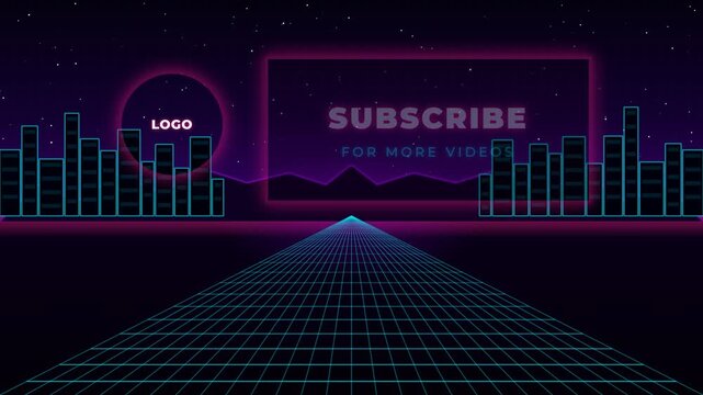 Neon synthwave cityscape background with digital grid and subscribe banner for video channels