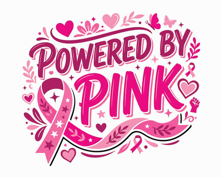 Breast cancer awareness halloween pink october design 'powered by pink' typography with ribbon hearts