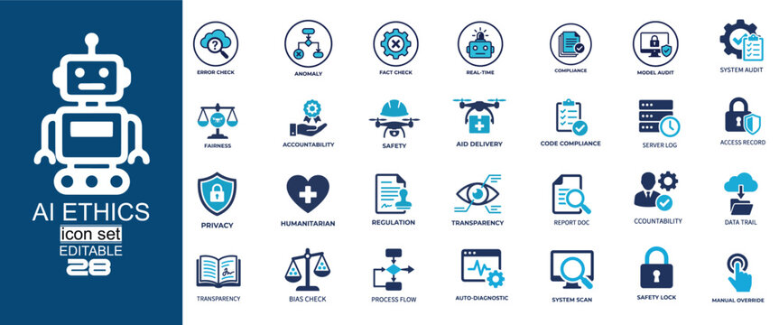 AI Ethics and Governance solid icon set containing icons for Model Audit Fairness Data Privacy Transparency and System Compliance for corporate technology management projects.