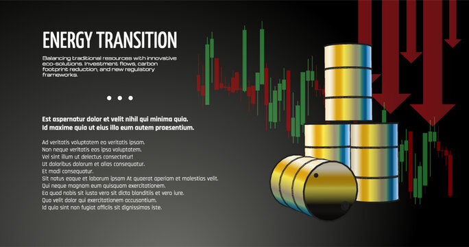 Examining the energy transition away from traditional fossil fuels, shown with oil barrels and market downturn