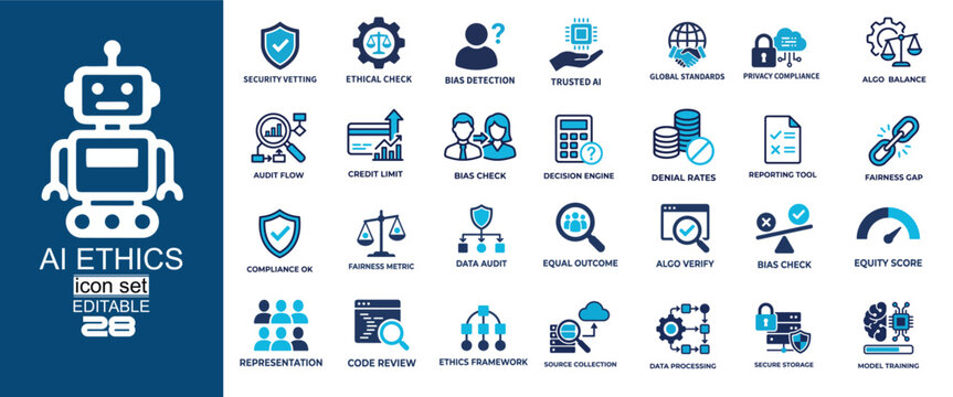 Artificial Intelligence Ethics and Governance icon set. Featuring icons for Bias Detection Fairness Metric Data Audit Privacy Compliance and Trusted AI for corporate software development.