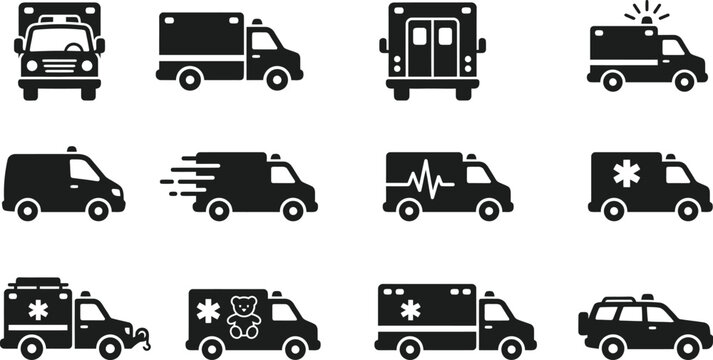 Collection of various ambulance icons in black silhouette