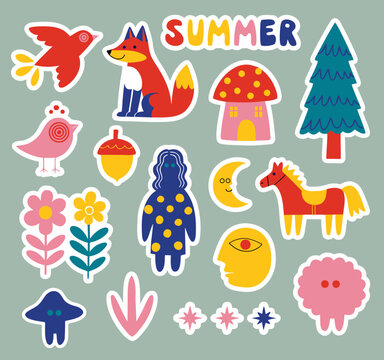 Scandinavian Nordic Folk Art Summer Forest Vector Sticker Sheet