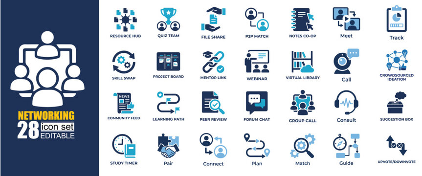 Networking and collaboration icon set for business community. Featuring resource hub peer review webinar and project board icons. Two-tone blue flat vector graphics for communication projects.