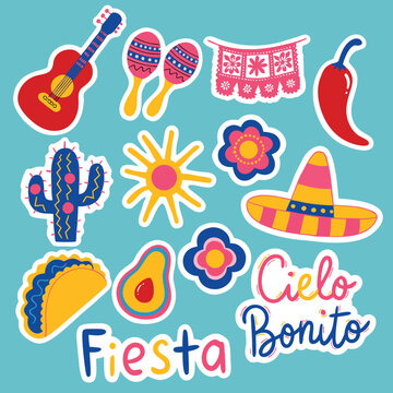 Mexican Fiesta Cinco De Mayo Cartoon Vector Sticker Sheet
