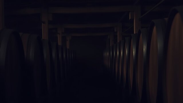 Dim cellar with rows of dark oak barrels in soft ambient light.