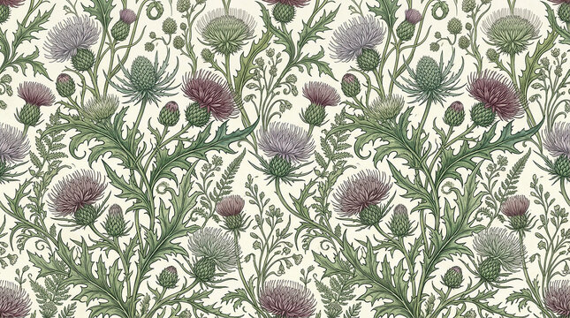 Vintage botanical illustration of thistles and ferns with a cream background.
