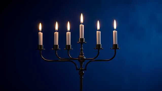 A seven-branched candelabra with gentle flames against a deep indigo blue background.