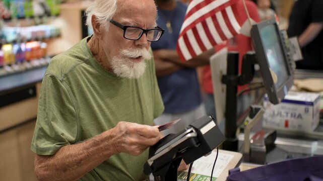 Senior man smiles as he pays with a credit card at the grocery store checkout. He enjoys his shopping experience.