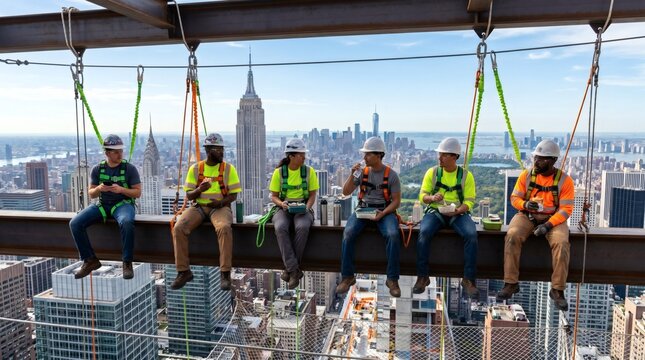 Operai edili su trave con skyline di New York moderno