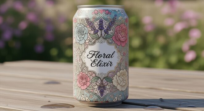 Floral elixir drink can with decorative design